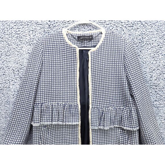 Zara Gingham Check Plaid Coat Size M Tweed Open Front Ruffle Boho Preppy Blue - Picture 4 of 12
